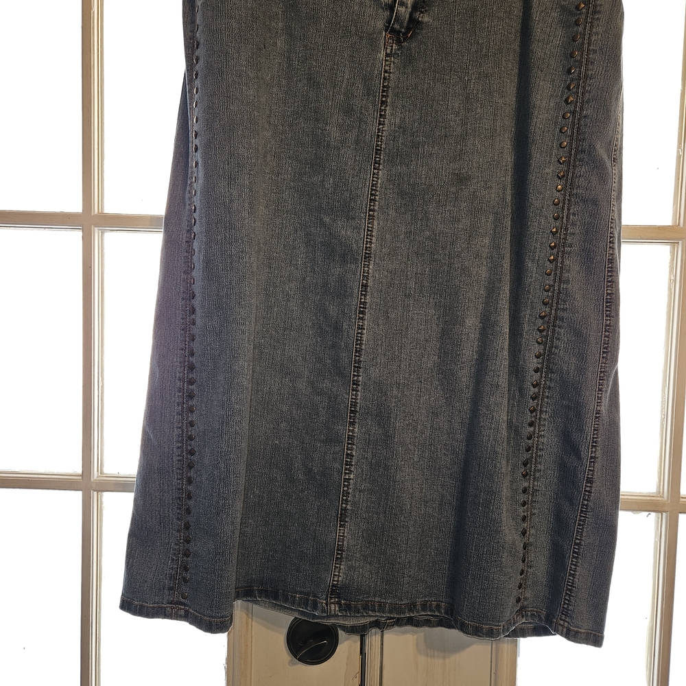 Avenue Denim A-Line Skirt in Medium Blue with Stud Trim